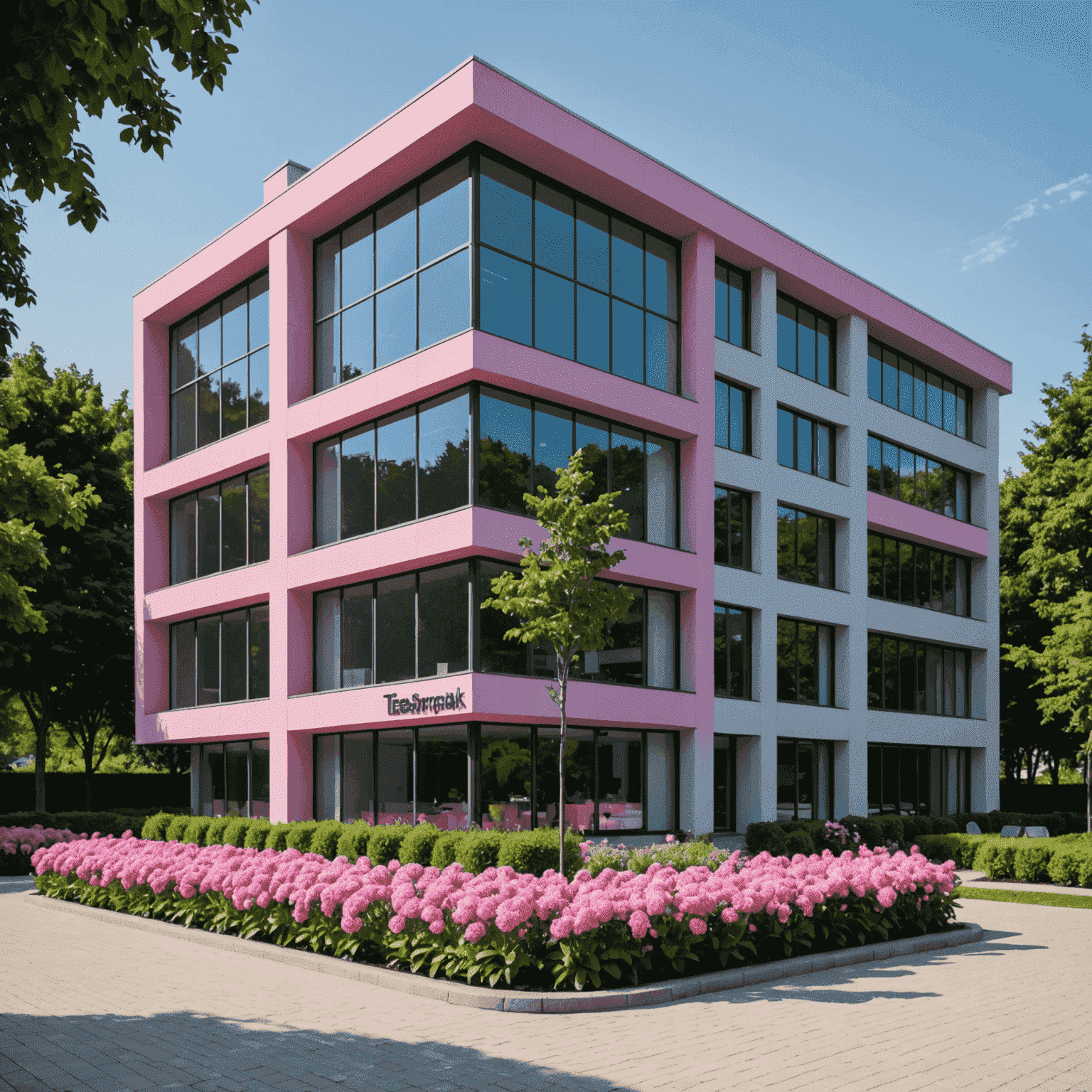 TeamSteap office building with modern architecture, featuring pink accents and the TeamSteap logo prominently displayed. The office is surrounded by a well-maintained garden with pink flowers, symbolizing our commitment to creating a welcoming environment for TeamSpeak enthusiasts.