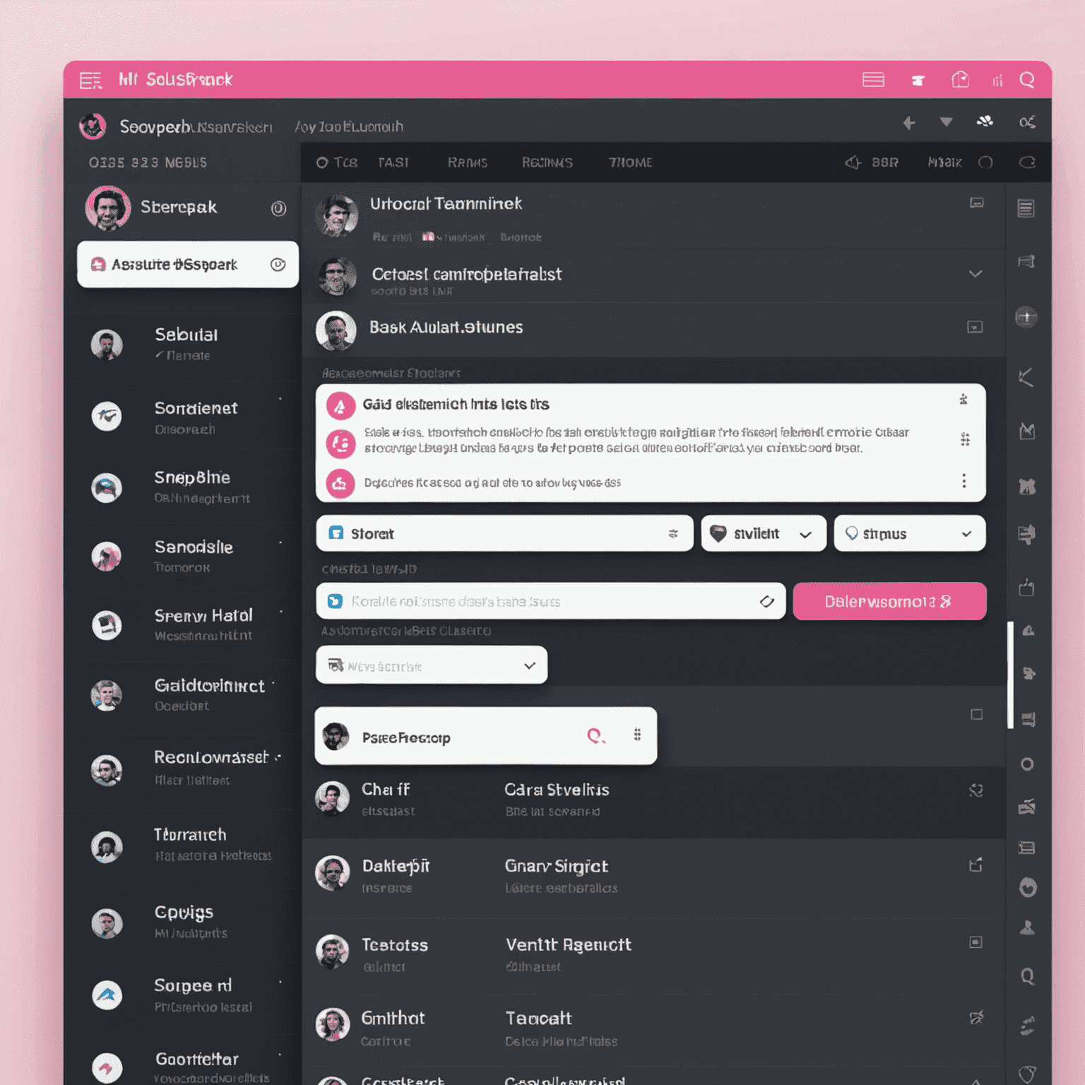 A screenshot of the TeamSpeak interface, showing multiple chat channels, user lists, and audio controls. The interface has a sleek design with a pink color scheme to match our website style.