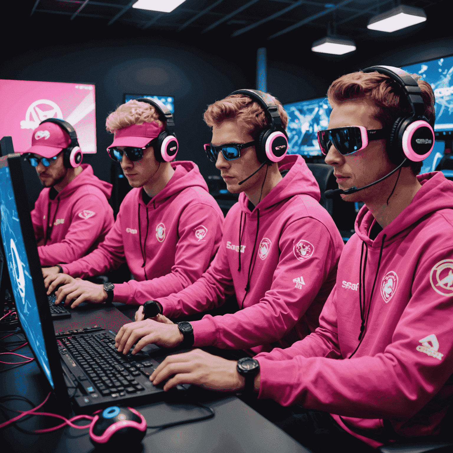 A group of gamers in pink-themed outfits sitting at computers in a LAN party setup, with TeamSpeak logos visible on their screens