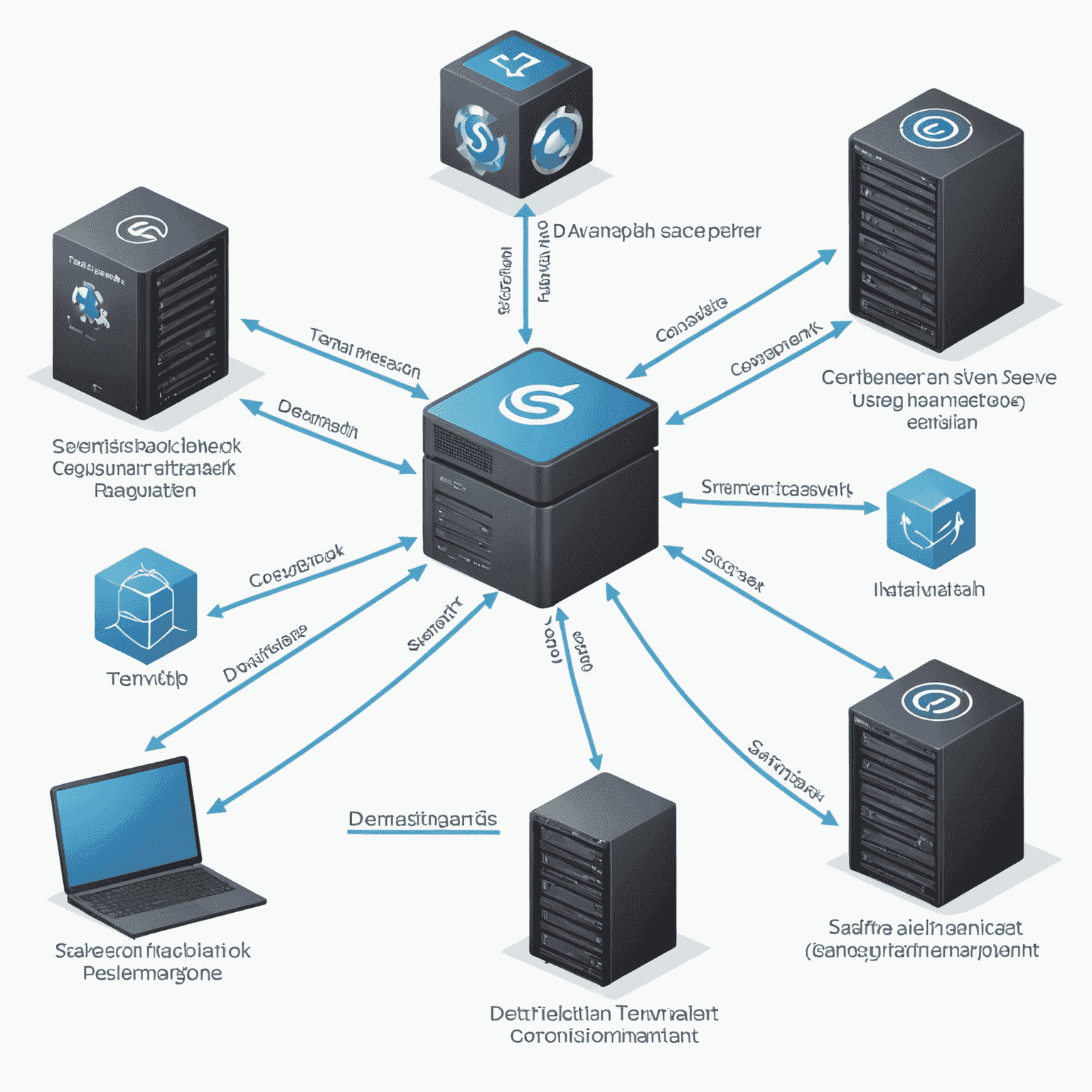 A diagram showing the steps of setting up a TeamSpeak server, including server installation, network configuration, and user management