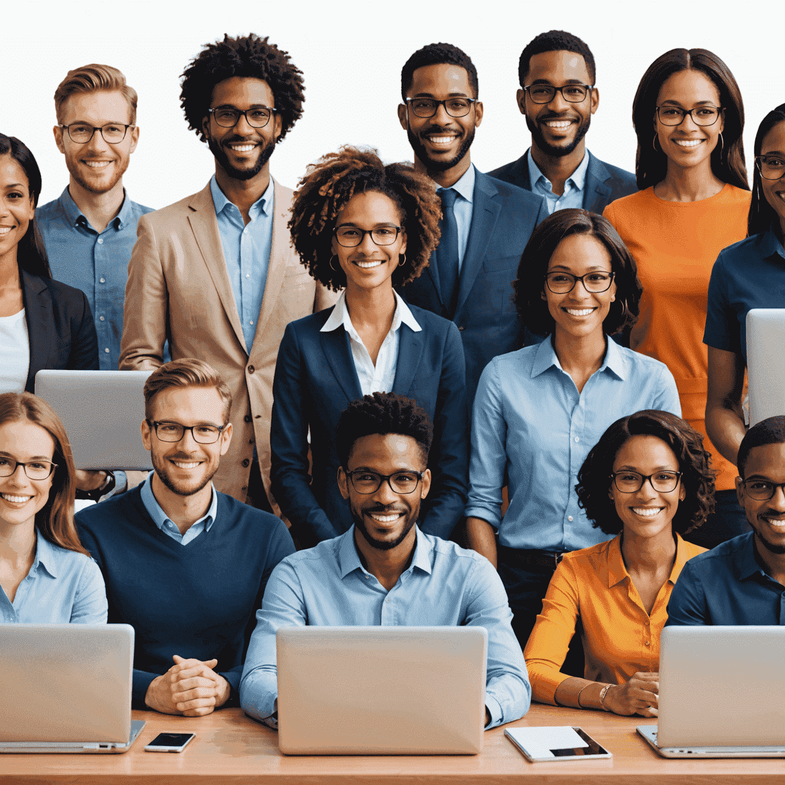 A diverse group of people using TeamSpeak on various devices, including desktop computers, laptops, and mobile phones. They appear engaged in lively conversation, symbolizing the vibrant TeamSpeak community.