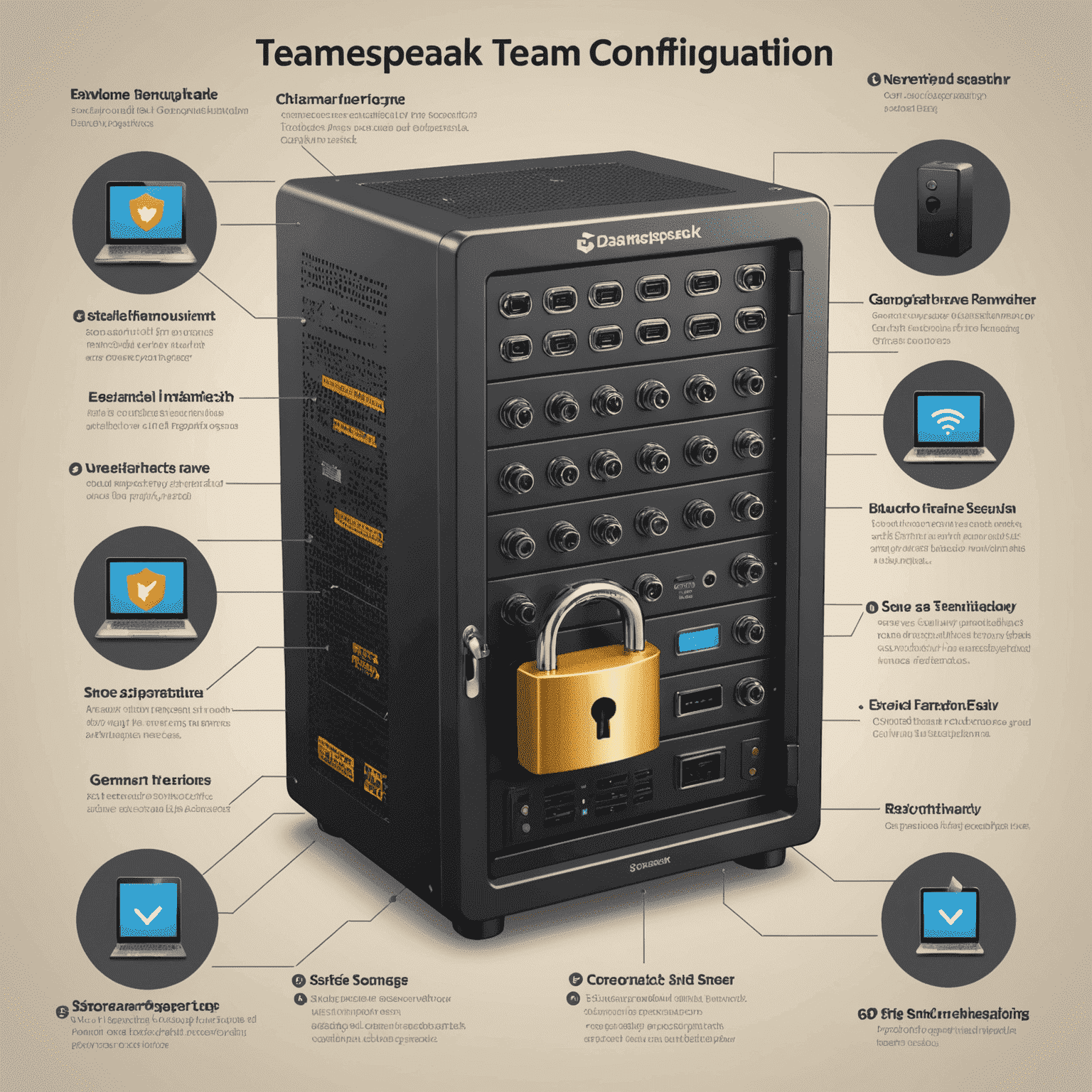 A diagram showing secure TeamSpeak server configuration settings, with padlock icons next to important security options