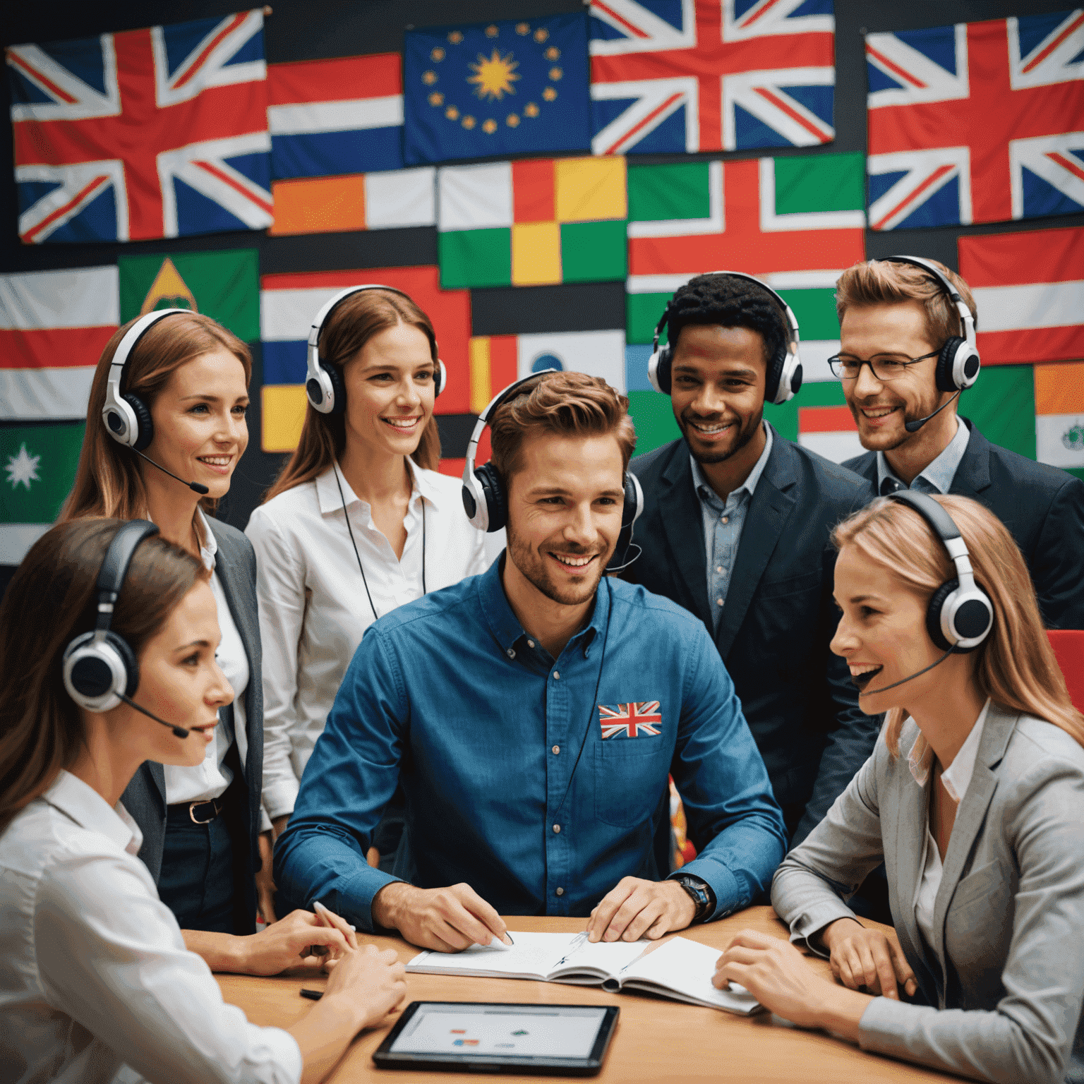 A diverse group of people wearing headsets, engaged in conversation, with flags of different countries in the background and TeamSpeak interface visible on a large screen