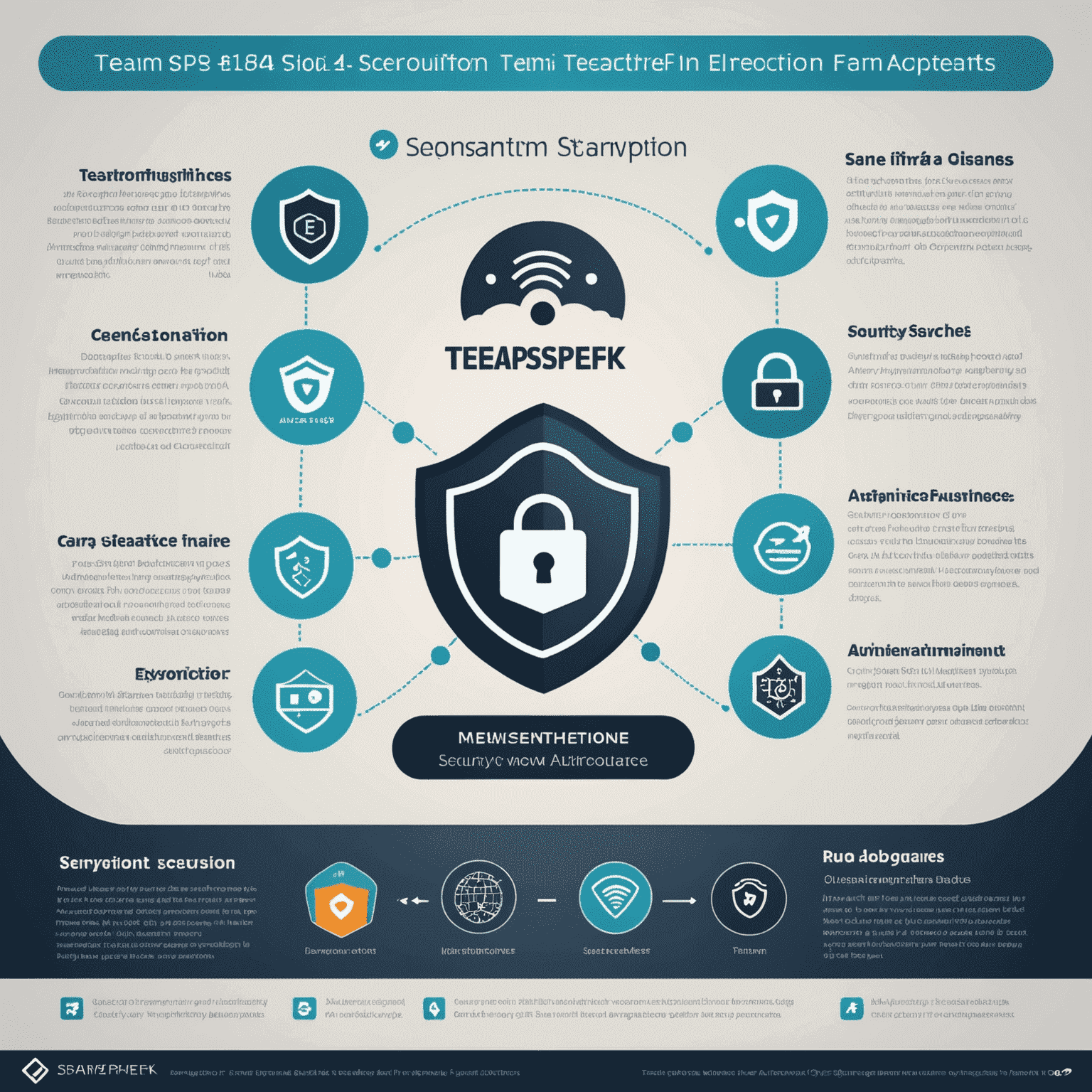 Infographic showing TeamSpeak's security features including encryption, two-factor authentication, and anti-spam measures