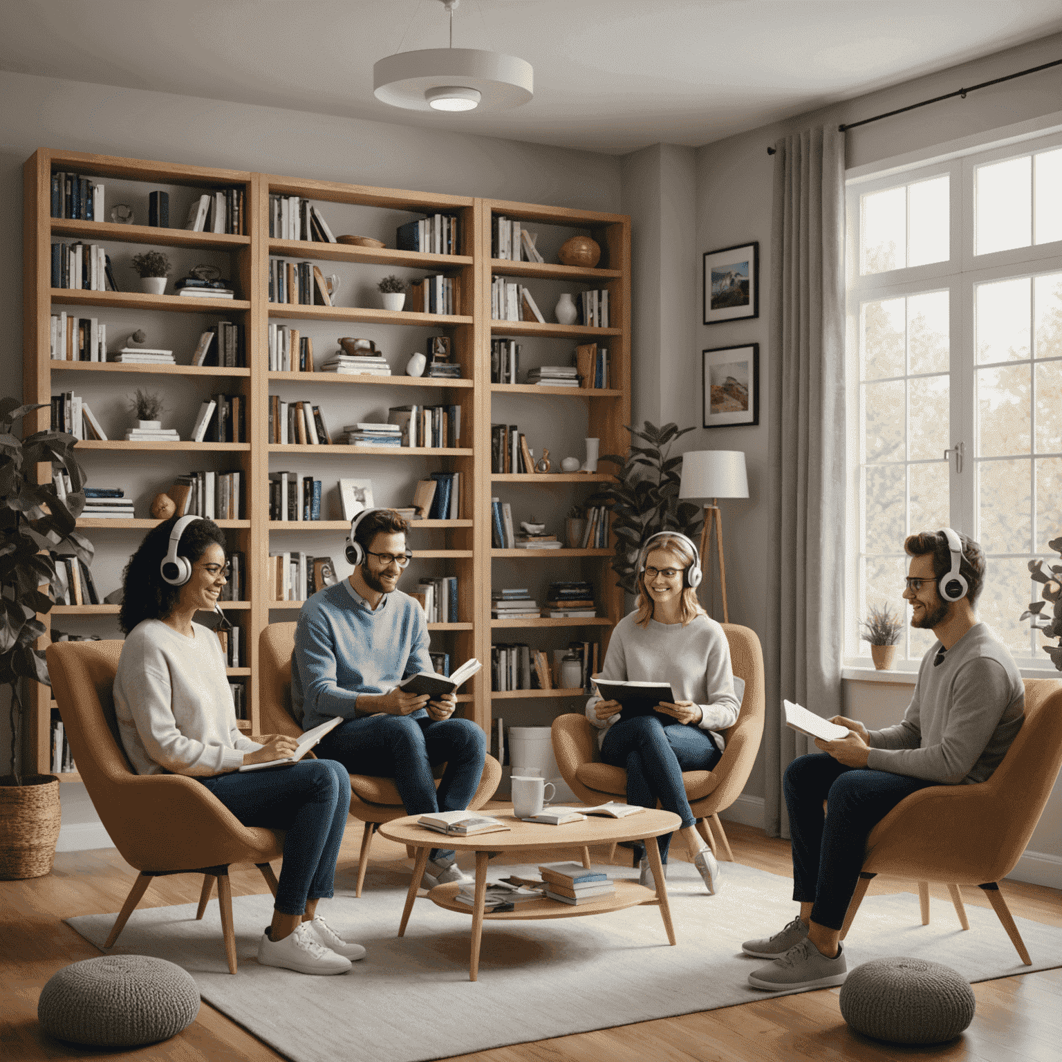 A cozy virtual living room setup with bookshelves, comfortable chairs, and people holding books while wearing headsets, with TeamSpeak chat windows visible