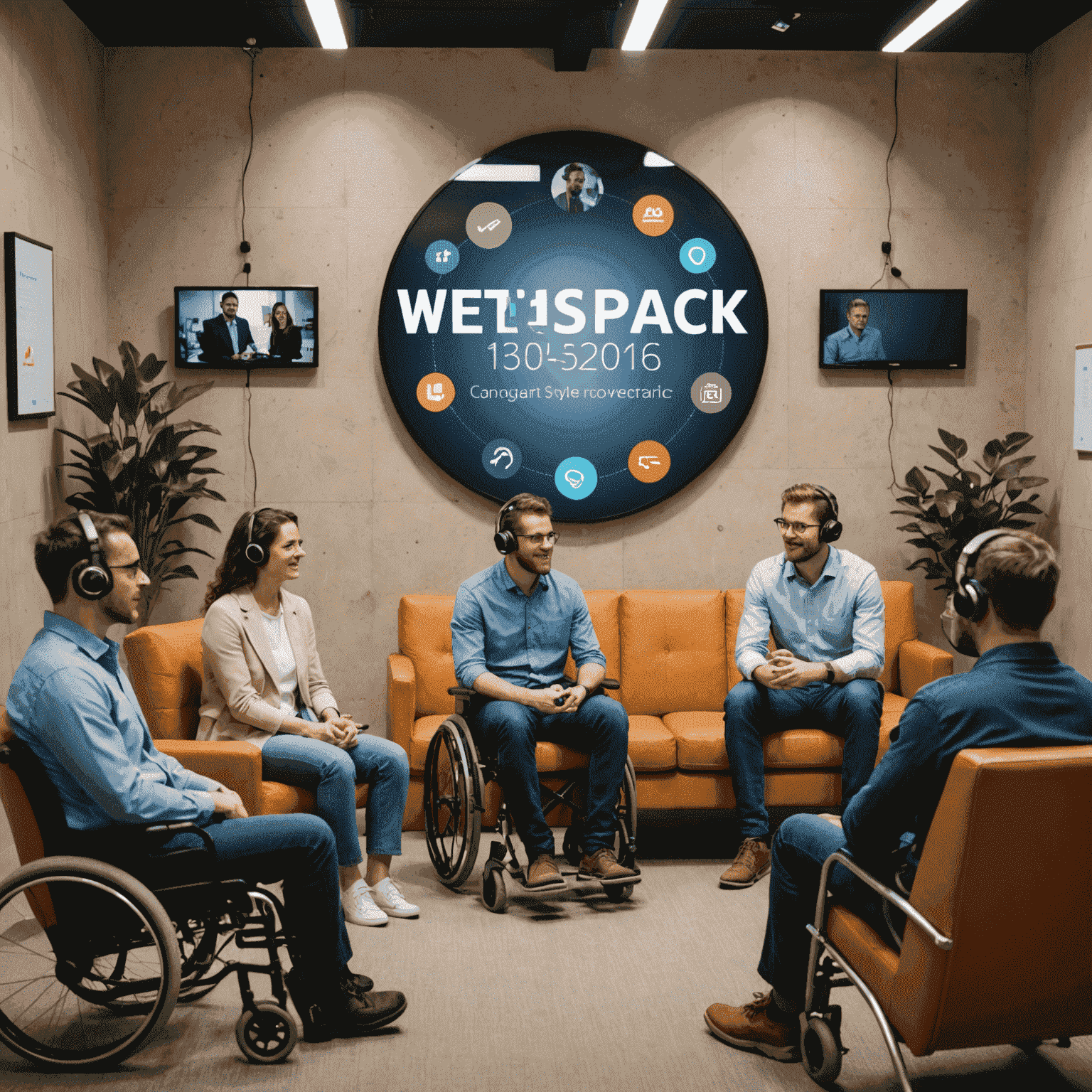 A group of people in a circle, some sitting on couches and others in wheelchairs, all wearing headsets and engaging in conversation, with a TeamSpeak interface visible on a wall-mounted screen